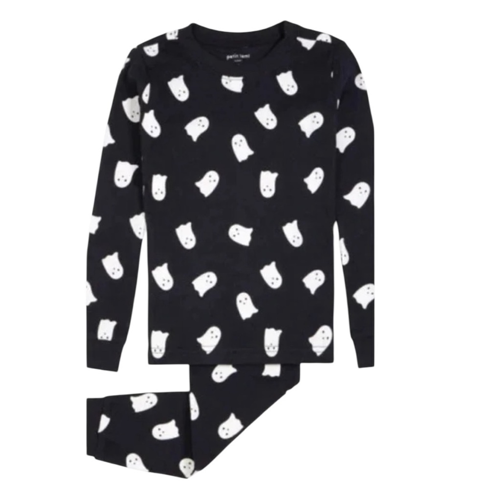 NWT Petit‎ Lem Kids Halloween 2 Piece Pajama Set Black with White Ghosts French